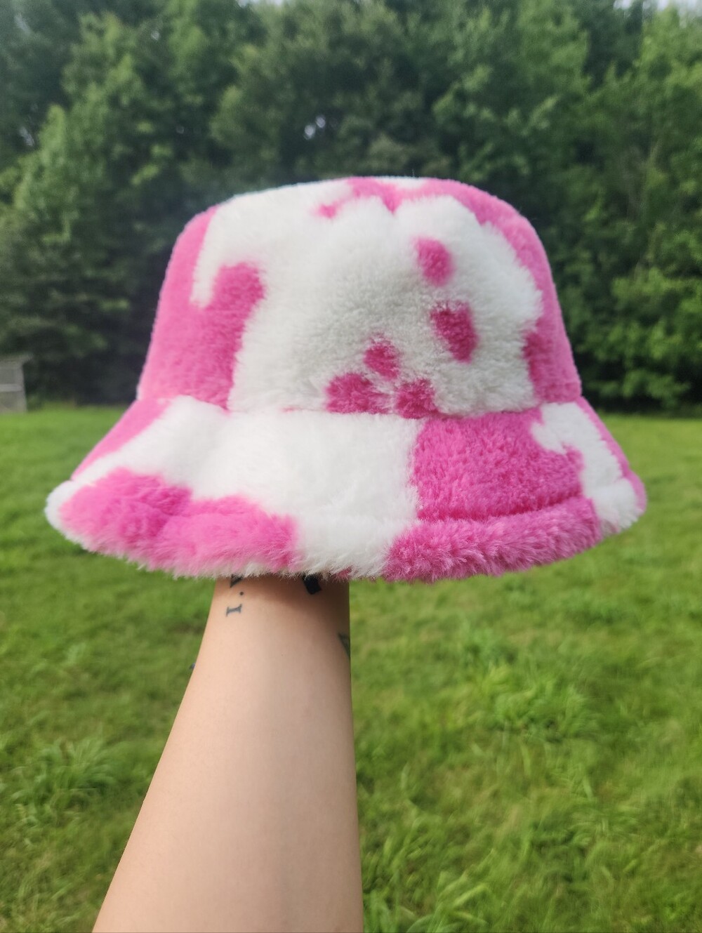 "Got Strawberry Milk?" Fur Pink Cow Print Bucket Hat